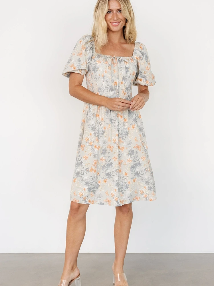 Floral Print Midi Square Neck Short Sleeve Dress