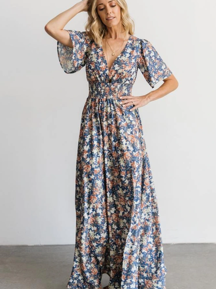 Printed Floral Chiffon V-Neck Short-Sleeved Maxi Dress