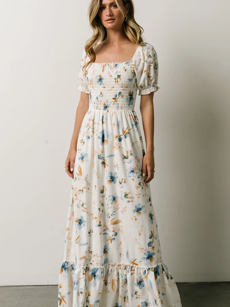 Square Neck Pleated Print Long Dress