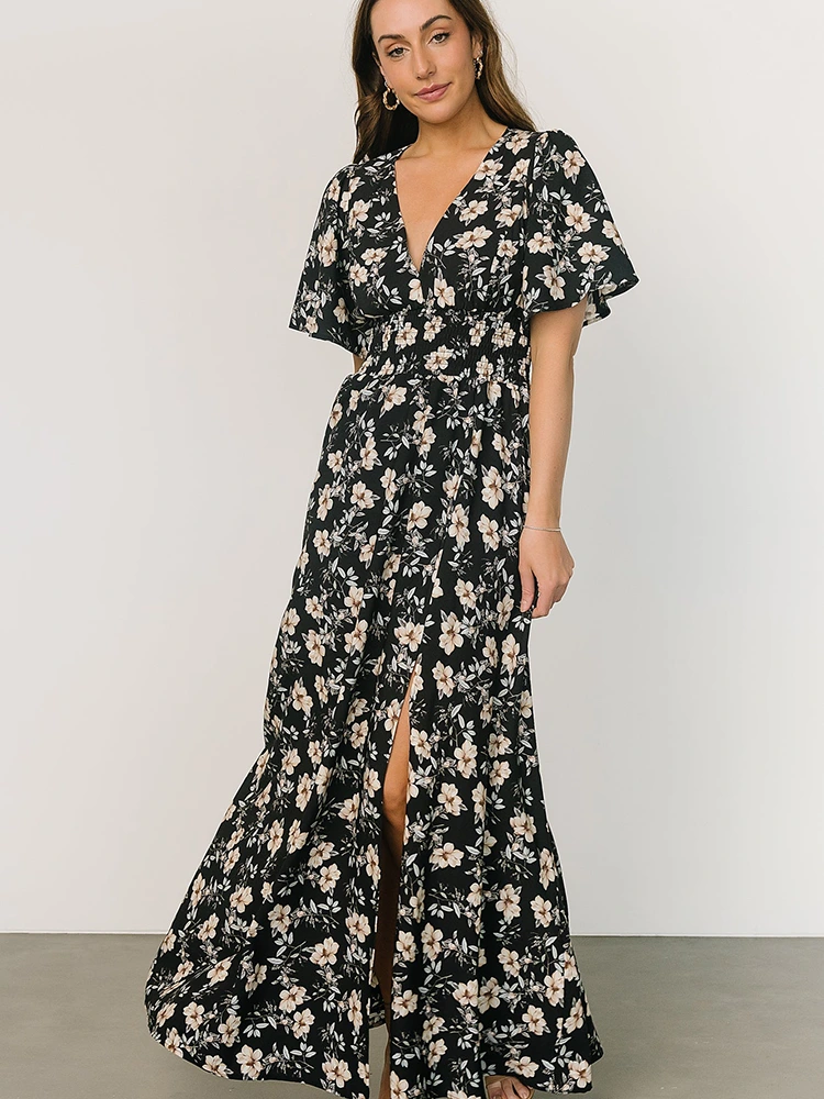Priontáil Floral Gúna Maxi Chiffon V-mhuineál